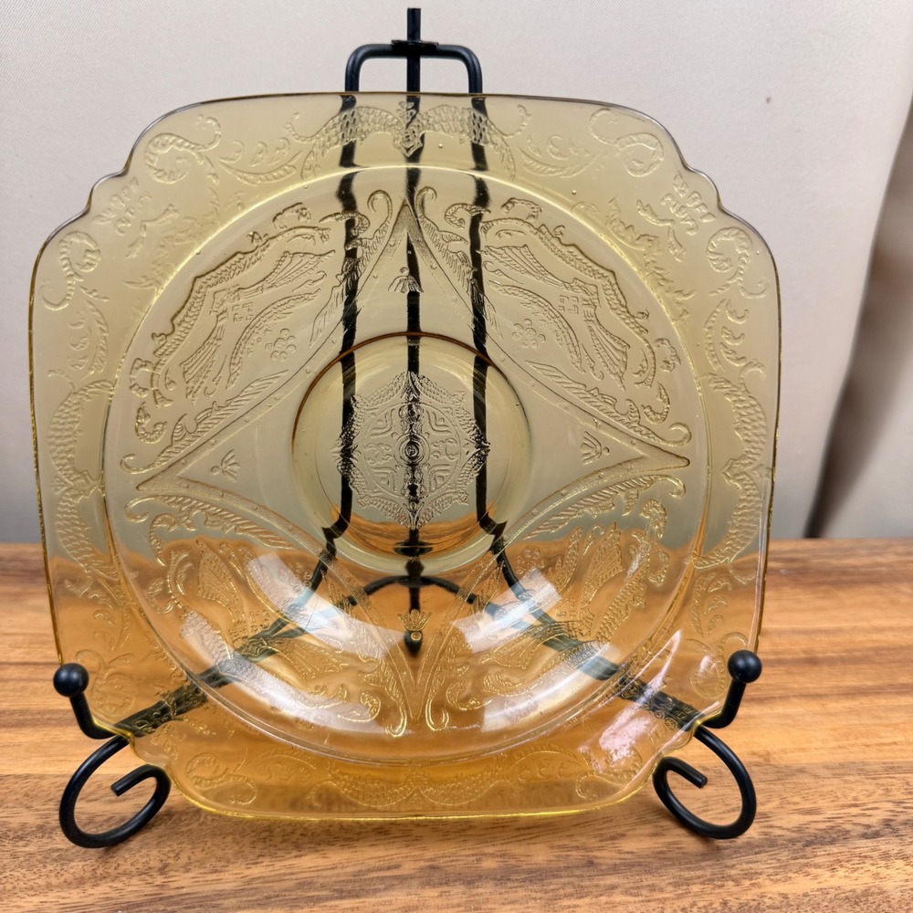 Vintage Federal Glass Madrid Amber Depression‎ Glass 7.25" Square Bowls Set of 4